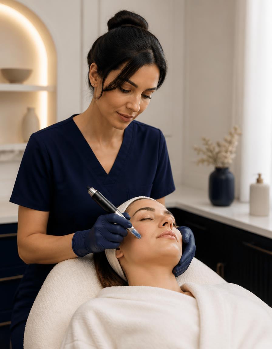 Nurse performing a skin needling treatment with a handheld device
